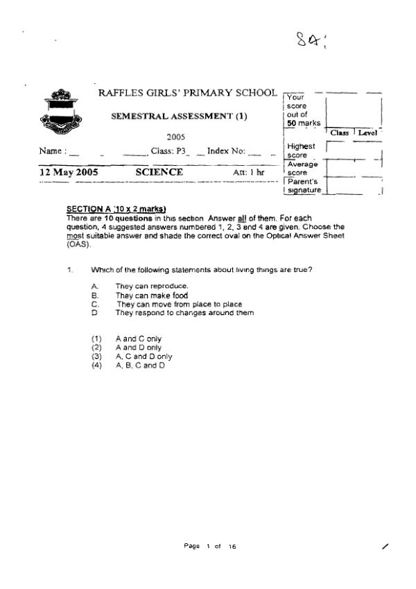 Raffles Girls P3 Sci WA2 2005 exam paper PDF first page preview