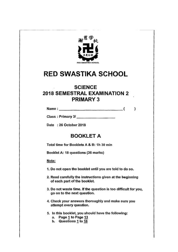 Red Swastika P3 Sci SA2 2018 exam paper PDF preview