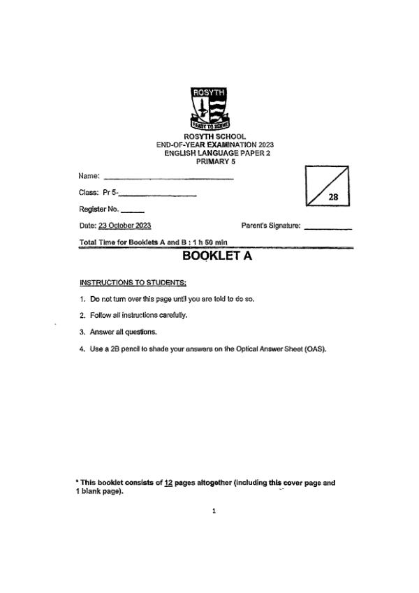 Rosyth P5 Eng SA2 2023 exam paper PDF preview