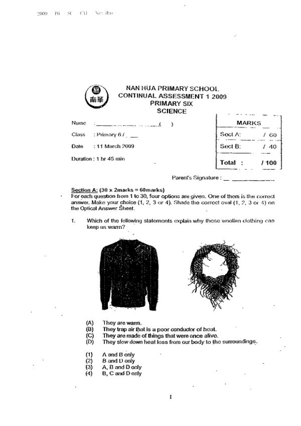 Nan Hua P6 Sci WA1 2009 exam paper PDF preview