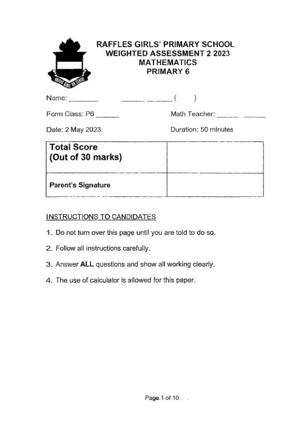 First page preview of P6 Math 2023 WA2 — Raffles Girls