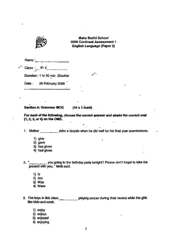 Maha Bodhi P4 Eng WA1 2008 exam paper PDF preview