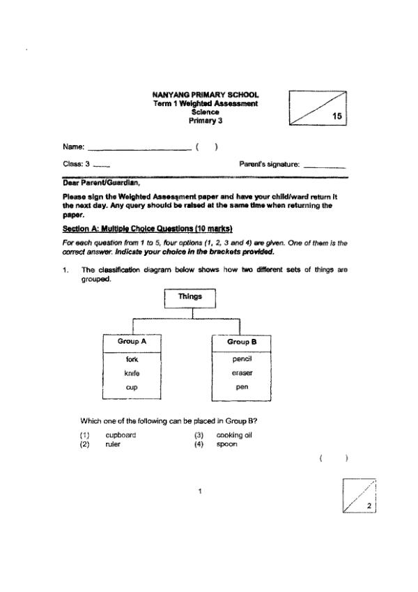Nanyang P3 Sci WA1 2021 exam paper PDF first page preview
