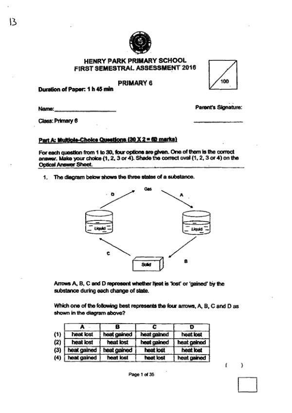 Henry Park P6 Sci WA2 2016 exam paper PDF preview