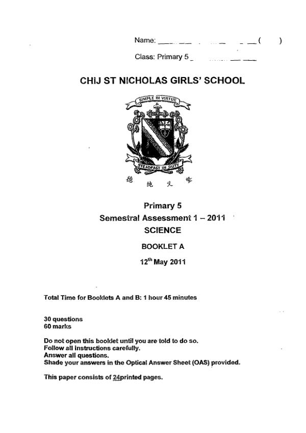 CHIJ P5 Sci WA2 2011 exam paper PDF preview