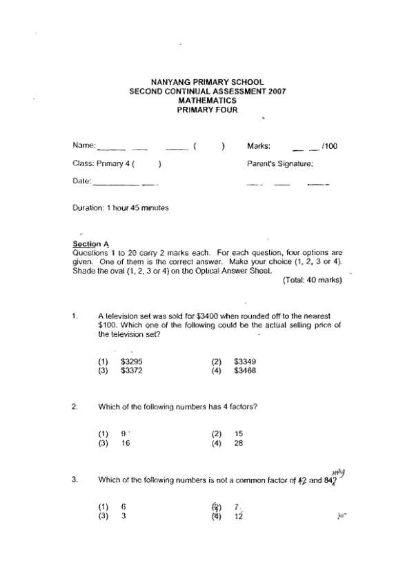 Nanyang P4 Math WA3 2007 exam paper PDF preview