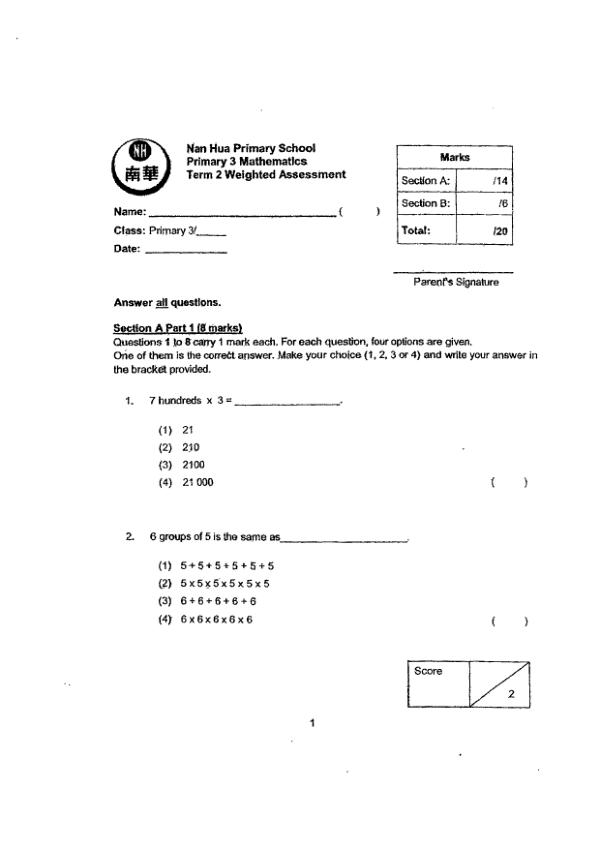 First page preview of P3 Math 2024 WA2 — Nan Hua