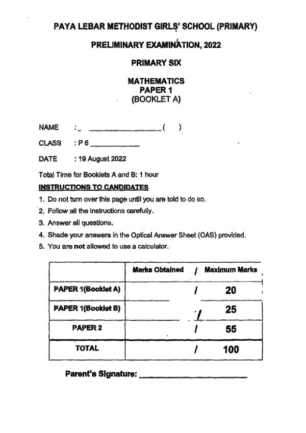 First page preview of P6 Math 2022 SA2 — Methodist Girls