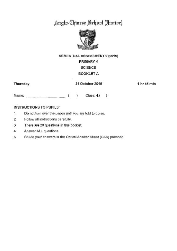 Anglo Chinese P4 Sci SA2 2019 exam paper PDF first page preview