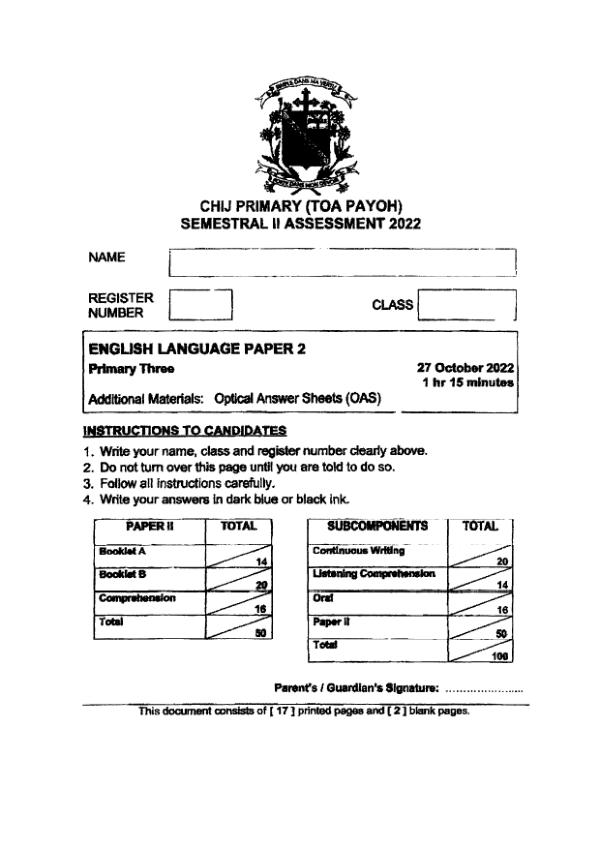 CHIJ P3 Eng SA2 2022 exam paper PDF preview