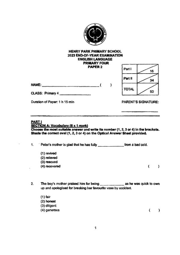 Henry Park P4 Eng SA2 2023 exam paper PDF first page preview