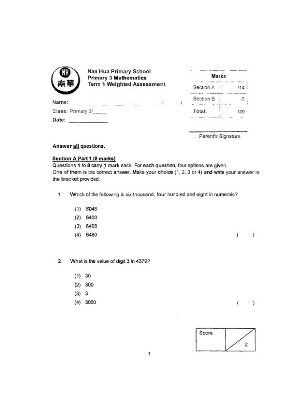 First page preview of P3 Math 2022 WA1 — Nanyang