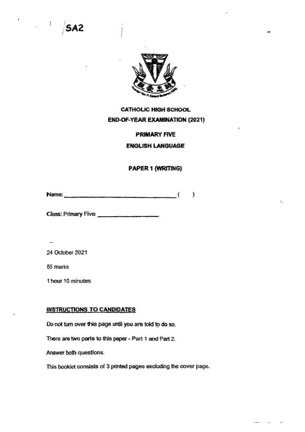 Catholic High P5 Eng SA2 2021 exam paper PDF first page preview