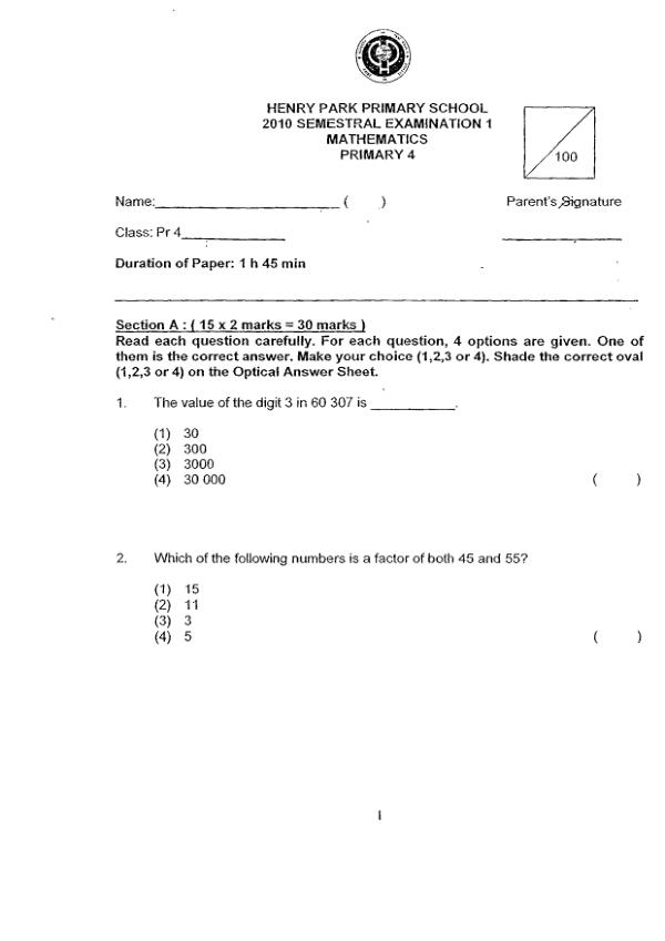 Henry Park P4 Math WA2 2010 exam paper PDF first page preview