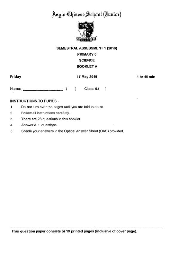 Anglo Chinese P6 Sci WA2 2019 exam paper PDF first page preview