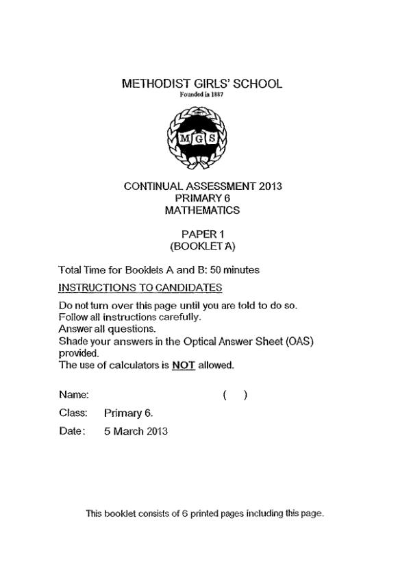 Methodist Girls P6 Math WA1 2013 exam paper PDF preview