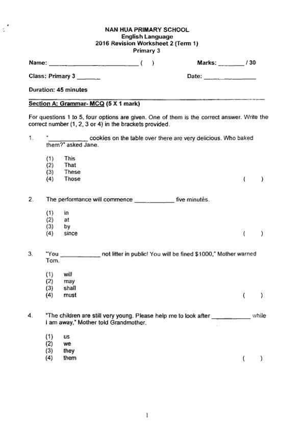 Nan Hua P3 Eng WA1 2016 exam paper PDF preview