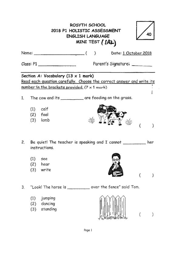 Rosyth P1 Eng SA2 2018 exam paper PDF first page preview
