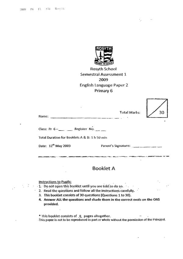 Rosyth P6 Eng WA2 2009 exam paper PDF first page preview