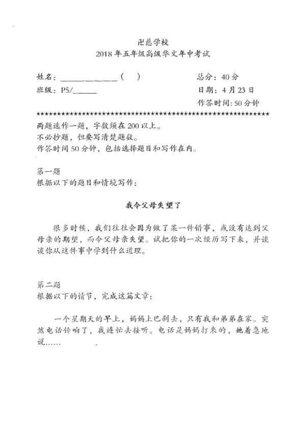 Red Swastika P5 Chi WA2 2018 exam paper PDF first page preview
