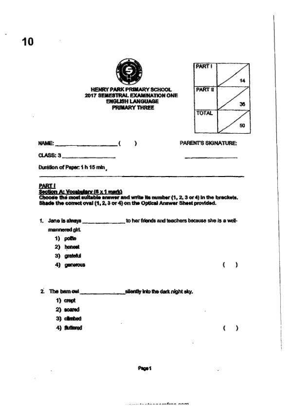 Henry Park P3 Eng WA2 2017 exam paper PDF first page preview