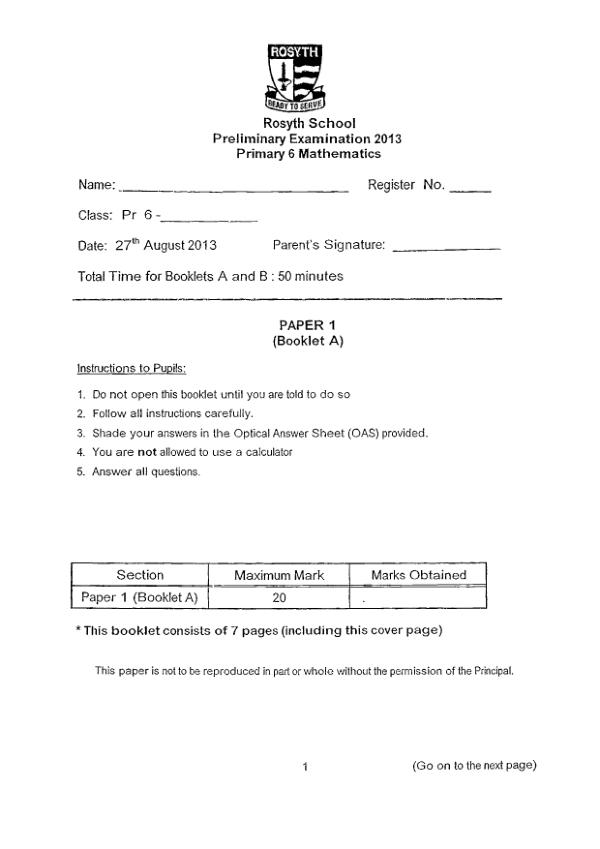 Rosyth P6 Math SA2 2013 exam paper PDF first page preview