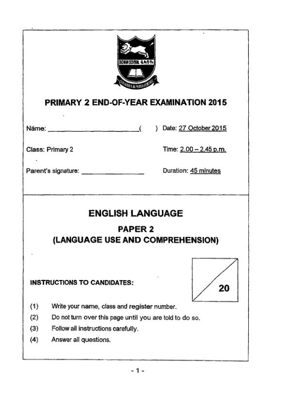 Tao Nan P2 Eng SA2 2015 exam paper PDF preview