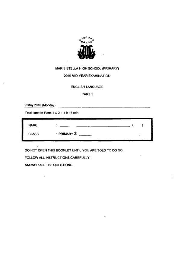 Maris Stella High P3 Eng WA2 2016 exam paper PDF first page preview