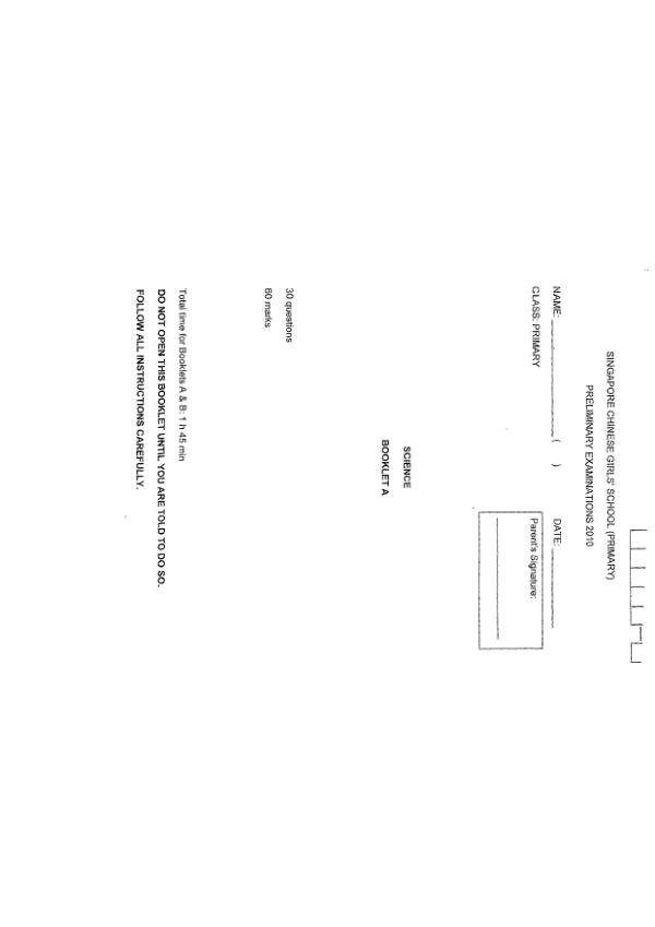 Singapore Chinese Girls P6 Sci SA2 2010 exam paper PDF preview