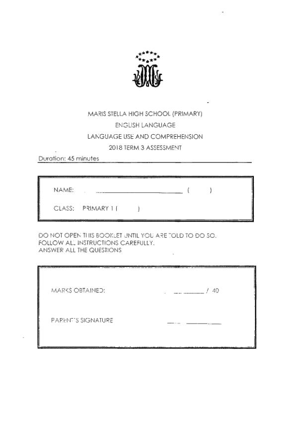 Maris Stella High P1 Eng WA2 2018 exam paper PDF first page preview