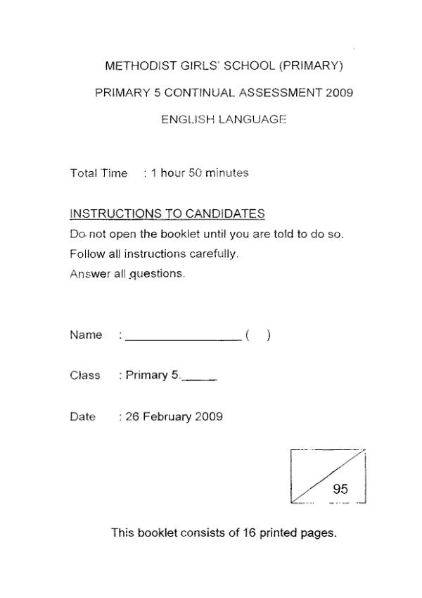 Methodist Girls P5 Eng WA1 2009 exam paper PDF preview
