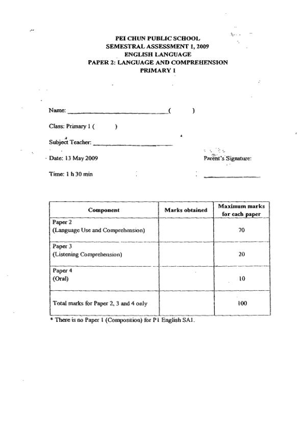 Pei Chun P1 Eng WA2 2009 exam paper PDF first page preview