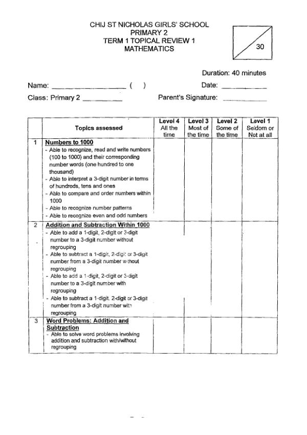 First page preview of P2 Math 2019 WA1 — CHIJ