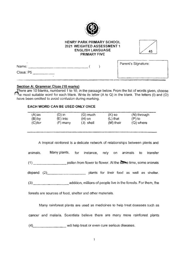 Henry Park P5 Eng WA1 2021 exam paper PDF preview