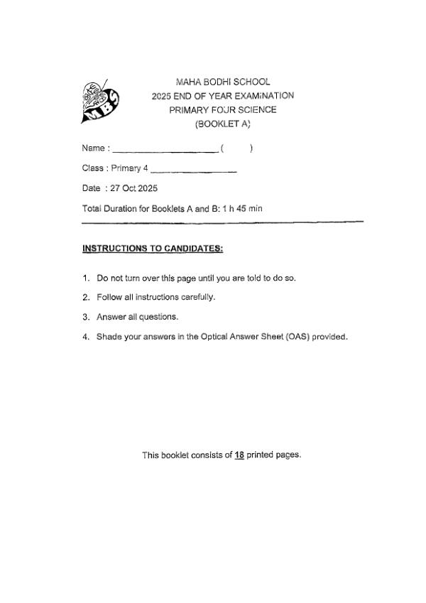 First page preview of P4 Sci 2025 SA2 — Maha Bodhi