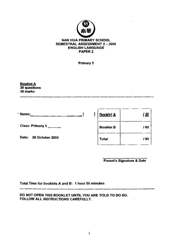 Nan Hua P5 Eng SA2 2009 exam paper PDF preview