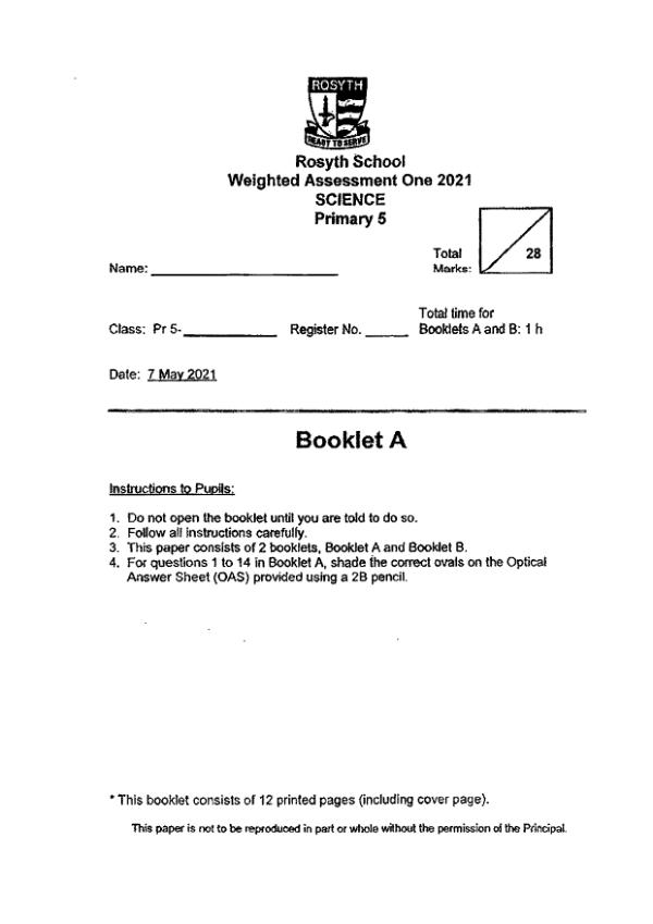 Rosyth P5 Sci WA1 2021 exam paper PDF first page preview