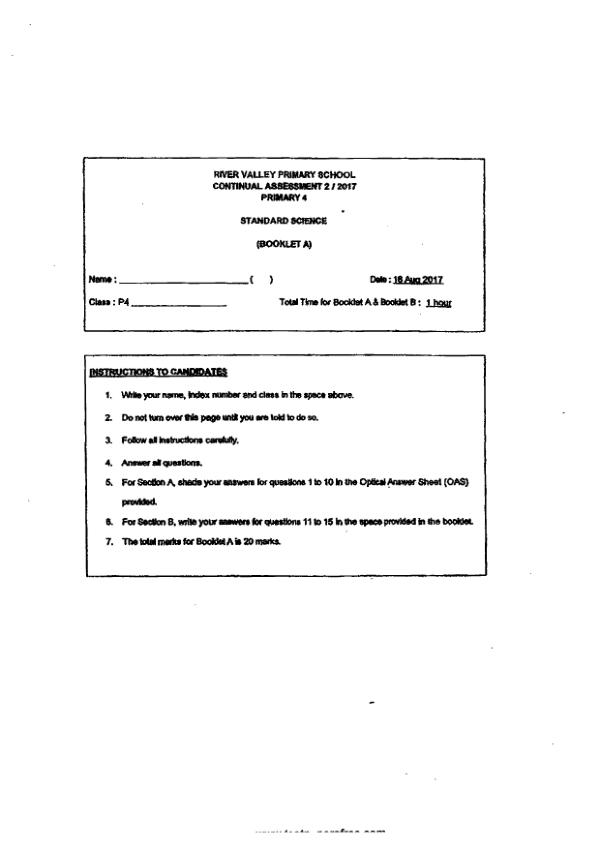 River Valley P4 Sci WA3 2017 exam paper PDF preview