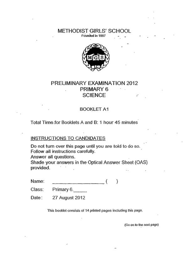 Methodist Girls P6 Sci SA2 2012 exam paper PDF preview