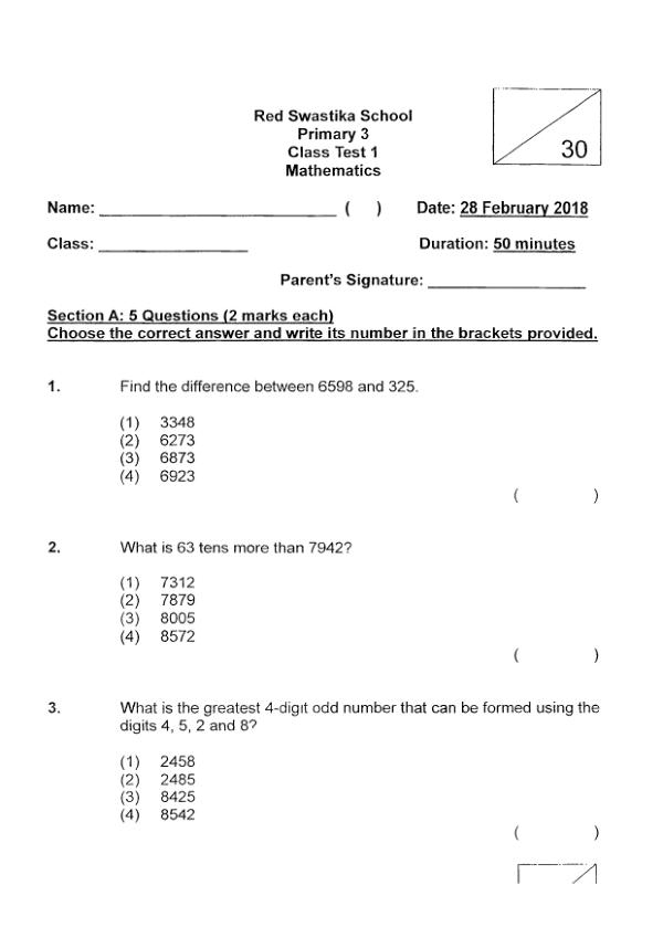 First page preview of P3 Math 2018 WA1 — Red Swastika