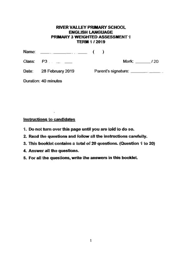 River Valley P3 Eng WA1 2019 exam paper PDF preview