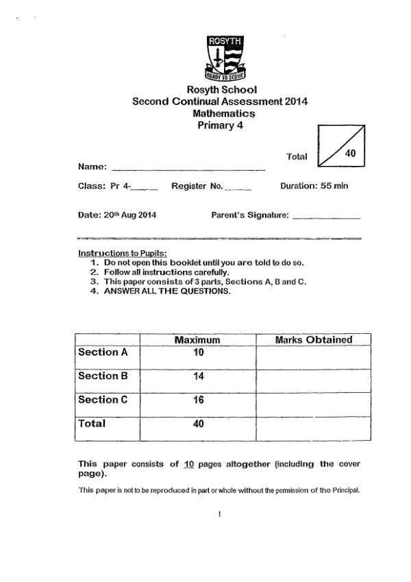 Rosyth P4 Math WA3 2014 exam paper PDF preview