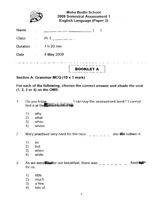 Maha Bodhi P3 Eng WA2 2009 exam paper PDF first page preview