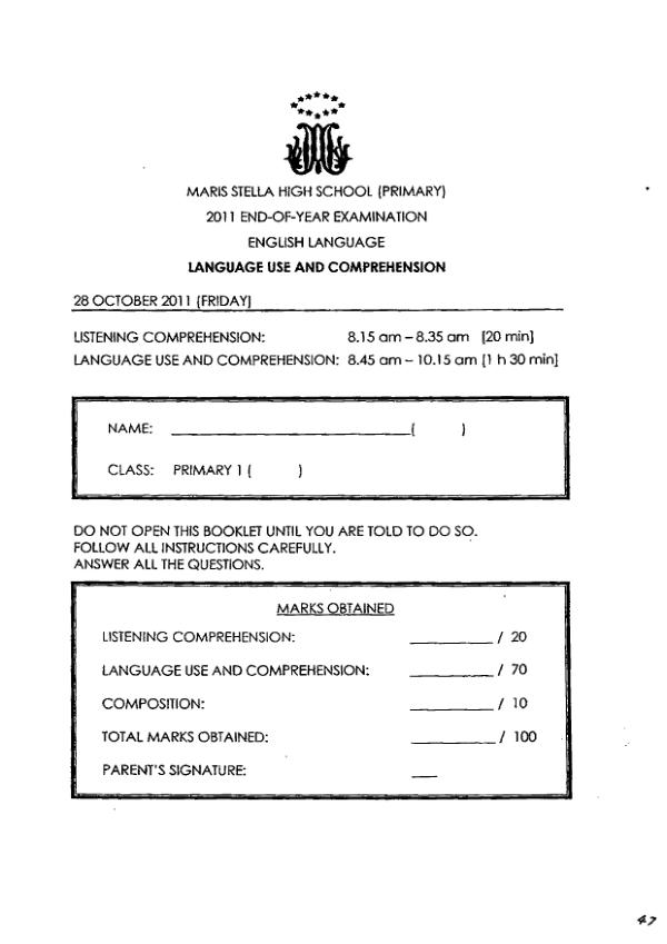 Maris Stella High P1 Eng SA2 2011 exam paper PDF first page preview
