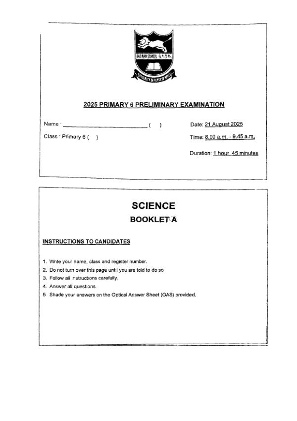 Tao Nan P6 Sci SA2 2025 exam paper PDF preview