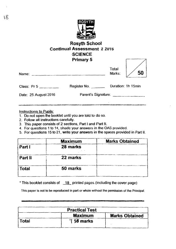 Rosyth P5 Sci WA3 2016 exam paper PDF first page preview