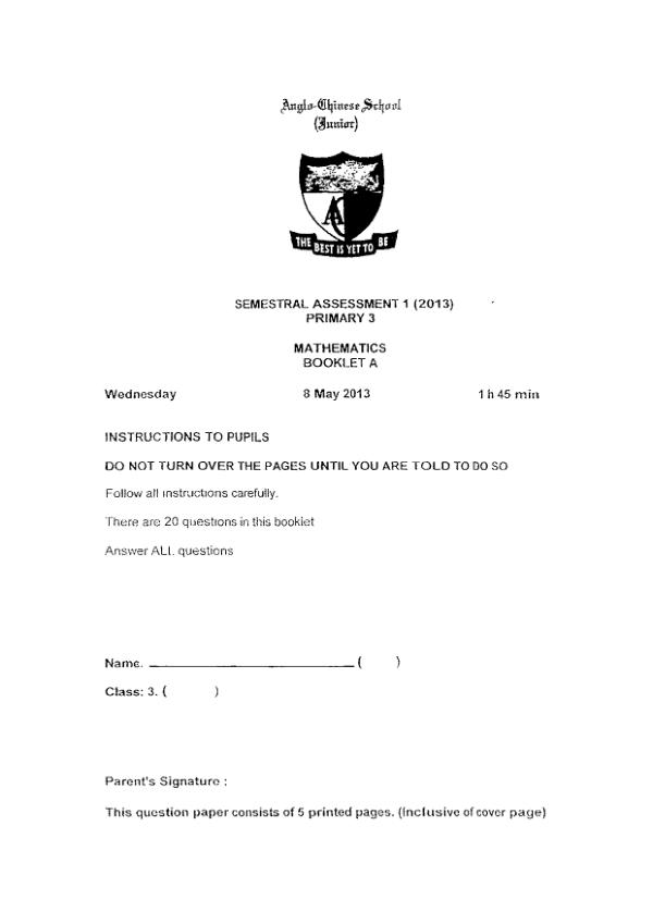 Anglo Chinese P3 Math WA2 2013 exam paper PDF first page preview