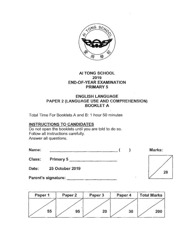 Ai Tong P5 Eng WA2 2019 exam paper PDF first page preview