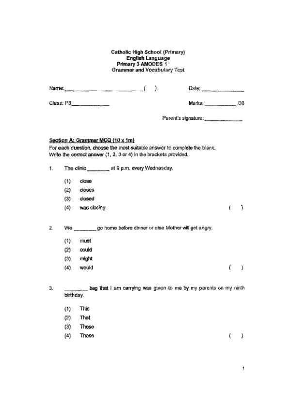 Catholic High P3 Eng WA1 2021 exam paper PDF first page preview
