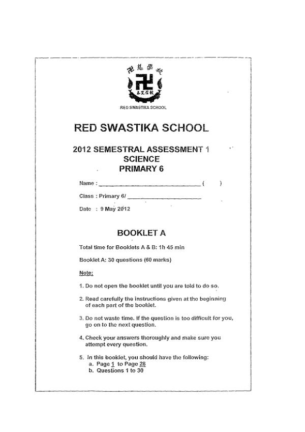 Red Swastika P6 Sci WA2 2012 exam paper PDF preview